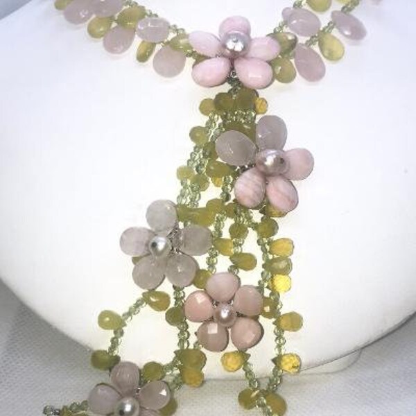 Rose Quartz, Peridot Flower Necklace by Siman Tu