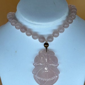 Rose Quartz Carved Pendant Necklace, Vintage