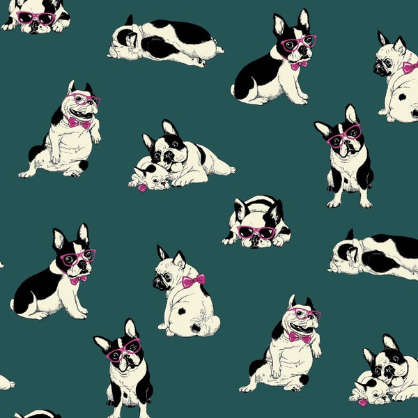 Japanese Fabric - Cosmo Textiles - Drawing By Pencil - Frenchie in Teal - Dog Fabric