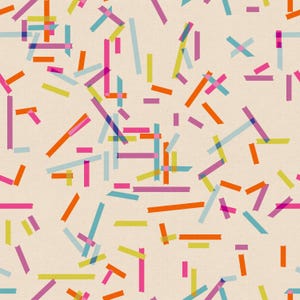 Peut inclure: Motif répétitif de rectangles et de lignes colorés qui se chevauchent, dans des tons de rose, orange, bleu et jaune sur fond crème. Le design a une esthétique abstraite et ludique.