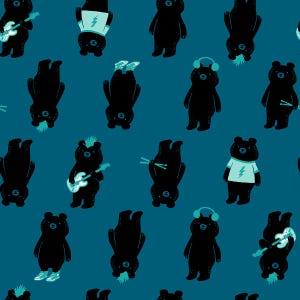 Pode incluir: Um padrão sem costura com ursos pretos em várias poses sobre um fundo azul turquesa. Alguns ursos estão tocando instrumentos musicais, outros estão usando fones de ouvido e alguns estão de cabeça para baixo. Os ursos estão todos delineados em uma cor azul clara.