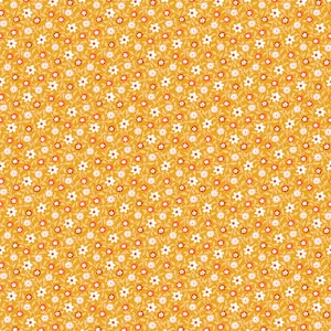 Może przedstawiać: Wzór bez szwów z małymi białymi i pomarańczowymi kwiatami na żółtym tle. Kwiaty są ułożone w powtarzający się wzór, tworząc radosny i żywy projekt.