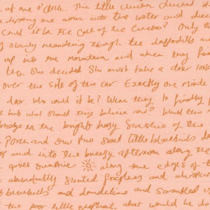 May include: A close-up of a pink fabric with handwritten text in orange ink. The text is a story about a little creature who dipped one arm into the water and disappeared. The text is written in a whimsical, flowing script.