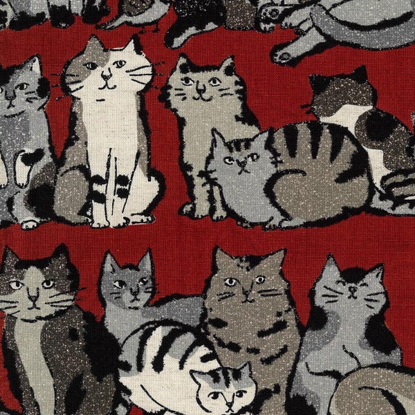 Japanese Fabric - Kokka - Artcat - Cat Striped on burgundy - Japanese canvas