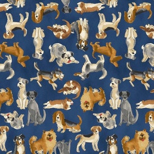 Tecido Japonês - Cosmo Textiles - Desenho a Lápis - Cães em Azul - Lençóis de Algodão
