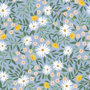 Pode incluir: Um padrão sem costura com margaritas brancas, flores amarelas e folhas verdes sobre um fundo azul claro.