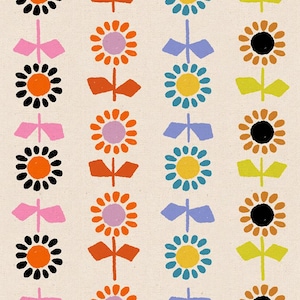 May include: A repeating pattern of stylized flowers in rows. The flowers have black, orange, pink, purple, yellow, and blue petals. The stems and accents are in various colors, set against a cream-colored background.