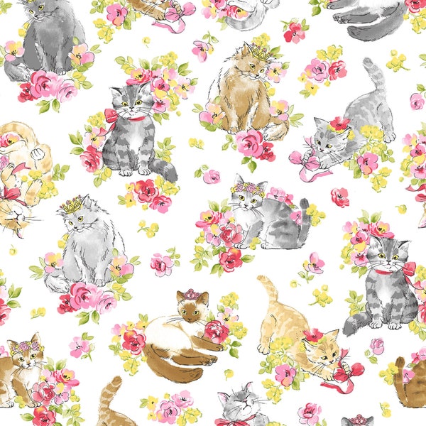 Japanese Fabric - Cosmo Textiles - Cute Cat Meet Flower - Fabric for cat lovers