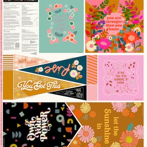 May include: A multi-colored fabric panel featuring various graphic designs, including floral patterns, geometric shapes, and motivational text such as Done is Better than Perfect, You Got This, and Own Your Power, arranged in a grid layout.