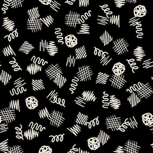 Puede incluir: Un patrón sin costuras en blanco y negro con varias formas y líneas dibujadas a mano. Las formas incluyen círculos, cuadrados y líneas onduladas. El patrón se repite en toda la imagen.