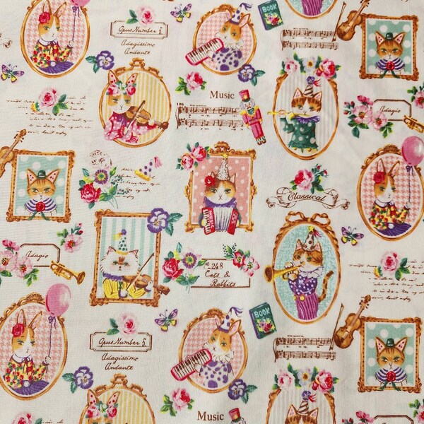 Yuwa Fabric - Music Note on Cream - Sobakasu Kids - Cat fabric - Bunny Fabric - Music Fabric