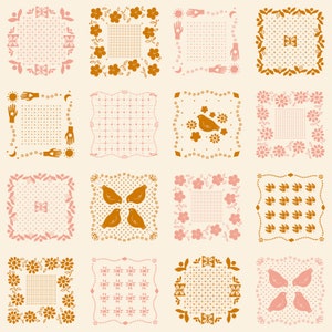 Puede incluir: Un patrón de papel digital con 12 diseños diferentes que presentan una variedad de patrones, incluyendo motivos florales, geométricos y de pájaros. Los patrones son en tonos de rosa y naranja sobre un fondo crema.