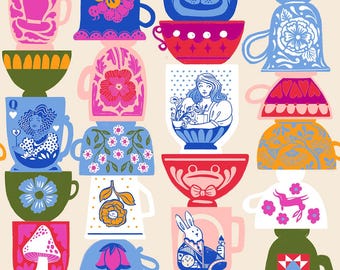 May include: A colourful pattern featuring stacked teacups and bowls. The designs include floral patterns, a cat face, a rabbit, and a woman. The colour palette is bright, with pink, blue, green, and red dominating the design.