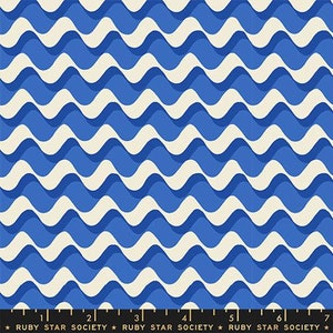 May include: A blue and white wavy pattern fabric. The fabric has a repeating pattern of white waves on a blue background.