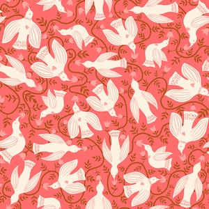 May include: A seamless pattern featuring white stylised birds with hearts on a pink background. The birds are surrounded by brown vines and pink flowers.