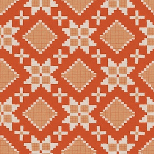May include: A seamless pattern with a geometric design. The pattern features white crosses, peach-colored diamonds, and white stars on an orange background.