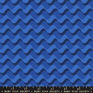 May include: A fabric with a repeating wave pattern in shades of blue. The design features layered, undulating lines creating a sense of depth and movement. The fabric is suitable for various sewing and crafting projects.