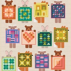 Könnte beinhalten: Eine verspielte Illustration zeigt verschiedene Waldtiere, wie Bären, Hirsche und Füchse, die jeweils eine bunte Steppdecke halten. Die Steppdecken zeigen geometrische Muster in Orange, Grün, Rosa und Blau, was ein charmantes und verspieltes Design ergibt.