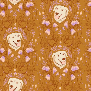 May include: A repeating pattern featuring smiling golden retriever faces surrounded by stylized floral elements in shades of lavender, peach, and brown. The background is a warm, mustard yellow.
