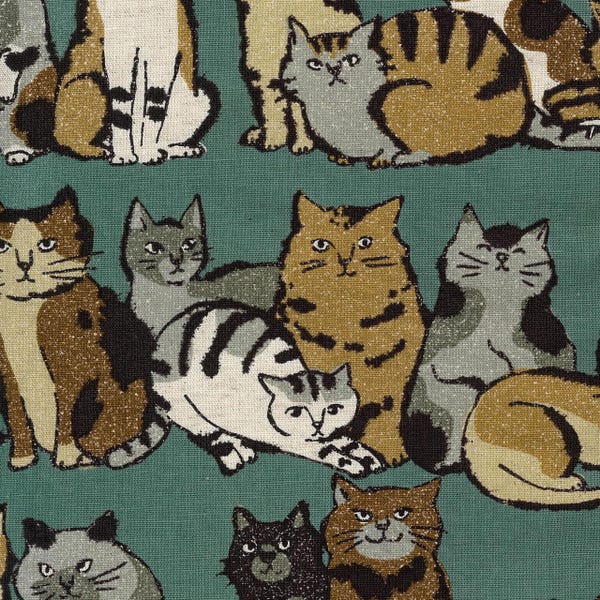 Japanese Fabric - Kokka - Artcat - Cat Striped on teal - Japanese canvas
