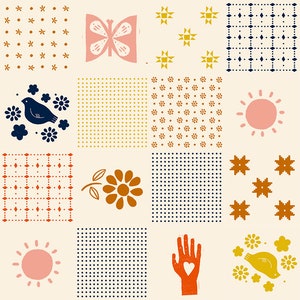 Può includere: Un collage digitale di motivi e illustrazioni colorati. Il design presenta una varietà di forme, tra cui fiori, uccelli, farfalle, stelle e soli. Lo sfondo è di colore crema chiaro.