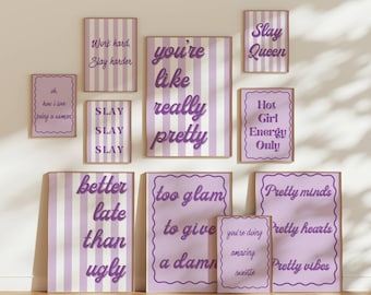 Purple Sassy Quotes 10-piece Wall Art Set Lavender Trendy Prints Hot Girl Aesthetic Decor Trending Retro Dorm Room Wall Art Y2K Preppy Art