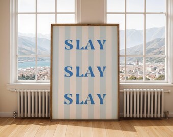 Slay Wall Art Blue Trendy Wall Art Coquette Y2K Poster Blue Retro Decor Affirmation Wall Art Girly Dorm Room Decor Preppy Aesthetic Wall Art