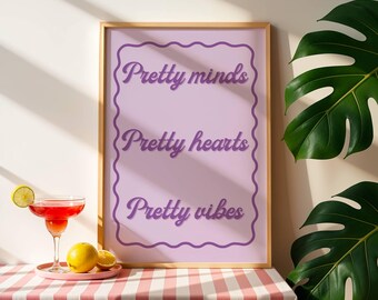 Pretty Vibes Purple Trendy Wall Art Coquette Y2K Poster Lavender Retro Decor Affirmation Wall Art Girly Dorm Room Decor Preppy Aesthetic