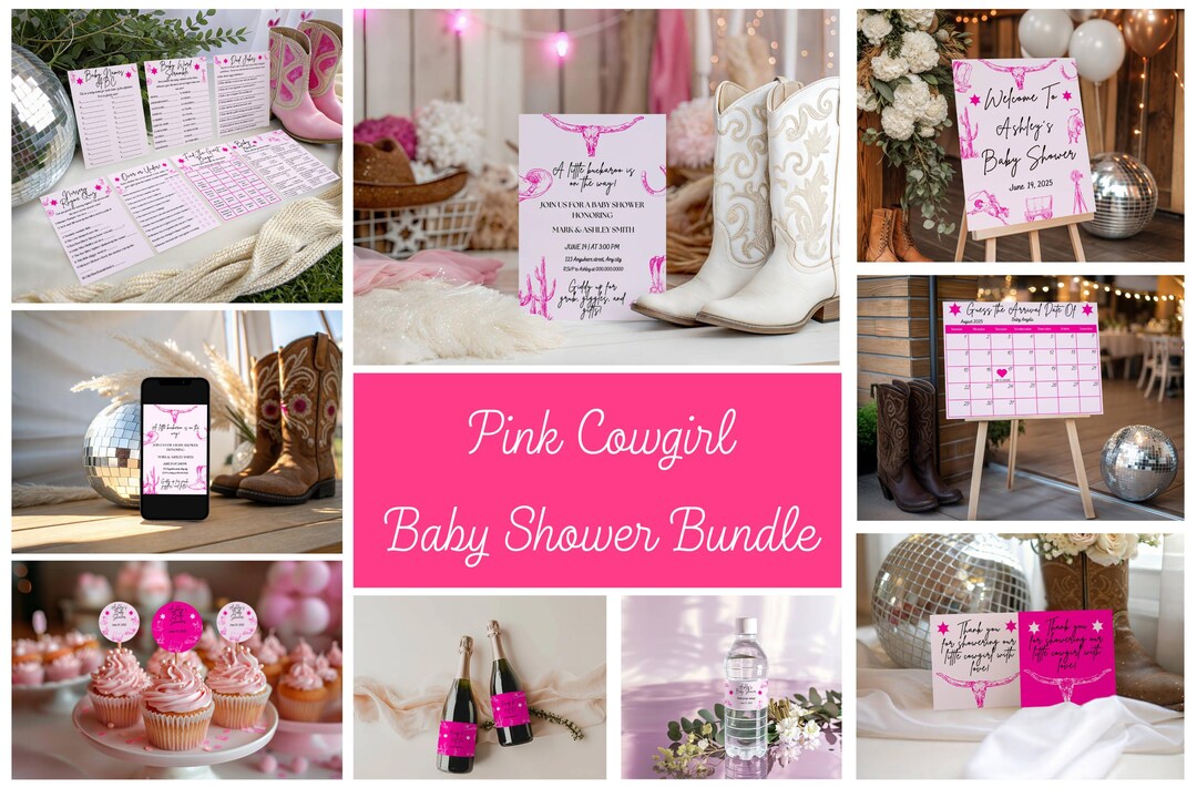 Pink Cowgirl Baby Shower Canva Bundle: Editable Western Theme (digital ...