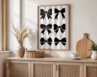 Black & White Bow Wall Art Trendy Retro Girly Prints Aesthetic Dorm Room Decor Coquette Y2K Poster Striped Art Cherry Dice Preppy Girl Art