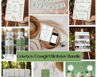 Cowgirl/Cowboy Erste Geburtstagseinladung | Unisex Geburtstag Bundle | Western Rodeo 1. Geburtstagsparty zum Ausdrucken | Leinwand Unisex Geburtstagsparty