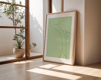 Light Green Woman Heels Line Art Minimalist Girly Wall Art Modern Trendy Decor Preppy Aesthetic Dorm Art Woman Line Drawing Feminine Print