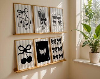 Set de arte mural con lazo blanco y negro, estampados retro de cócteles y cerezas, decoración femenina para carrito de bar, estilo coqueto y preppy, 6 láminas para pared.