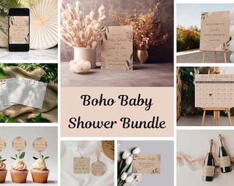 Neutrales Boho Baby Shower Bundle: Bearbeitbares botanisches Thema | Bearbeitbare beige botanische Babyparty | Gender Neutral & Modern Baby Shower Bundle