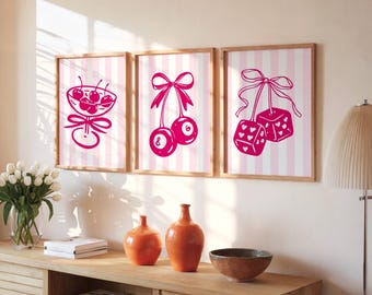 Pink Cherry Dice Martini Wall Art Set of 3 | Girly Bow Prints | Coquette Digital  | Retro Glam Decor | Playful Feminine Wall Print Bundle