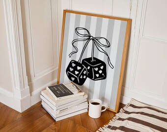 Black & White Bow Wall Art Trendy Retro Girly Prints Aesthetic Dorm Room Decor Coquette Y2K Poster Striped Art Cherry Dice Preppy Girl Art