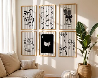 Juego de 6 láminas decorativas para pared con lazo blanco y negro, estilo retro, con cartas de juego y cócteles. Ideal para decorar un carrito de bar o una habitación femenina. Perfecto para una discoteca o una habitación de estudiante.