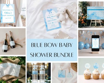 Blue Bow Baby Shower Bundle: Watercolor Invitation & Games (Printable, Editable Canva Template)  | Boy Baby Shower Invitation Bundle