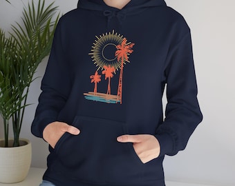 Sudadera con capucha de playa bohemia, puesta de sol, palmera