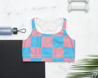 Trans Pride Checkered Sports Bra, Moisture-Wicking Racerback