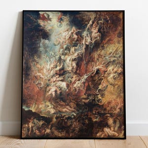 Op de afbeelding: Een ingelijste prent van een barokschilderij dat een chaotische scène met talrijke figuren in verschillende poses weergeeft. Het kunstwerk heeft een donker kleurenpalet met tinten rood, bruin en blauw, wat een dramatische en dynamische compositie creëert.