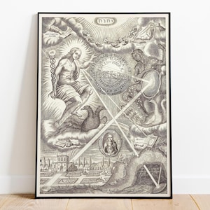 Op de afbeelding: Zwart-wit ingelijste prent met een allegorische illustratie. Het kunstwerk toont figuren, hemelse elementen en architecturale details. De prent bevat tekst en is ingelijst in een zwarte rand.