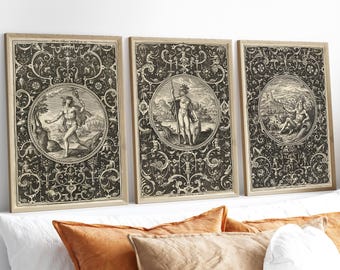 Vintage Götter Set, Medaillons 1605 Grotesker Rahmen, dreiteilige Wandkunst - Merkur, Minerva und Poseidon, große Premium Drucke, Museumspapier