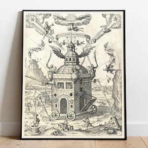 May include: Black and white framed print of a detailed architectural illustration. The artwork features a central structure with wings, wheels, and various figures, along with text including "COLLEGIUM FRATERNITATIS". The print is mounted in a black frame.