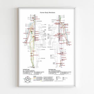 Menselijk lichaam meridianen en acupunctuur print, drukpuntengrafiek voor wanddecoratie en print, poster Chinese geneeskunde, levenslijnen grafiek.