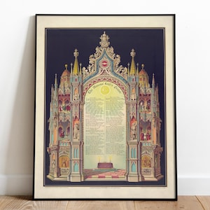Pode incluir: Uma impressão retangular emoldurada com fundo azul escuro e uma complexa ilustração arquitetónica gótica. O arco central contém o texto The Mason's Lord's Prayer e uma letra G. Figuras e cenas menores são representadas nas colunas laterais, com um chão axadrezado e um altar na base.