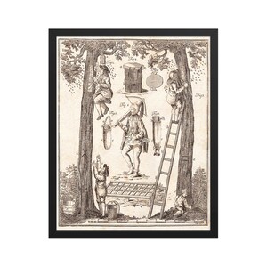 May include: A framed vintage print depicting a sepia-toned scene of beekeeping. The illustration shows figures harvesting honey, with trees, ladders, and various tools. The print has a black frame.