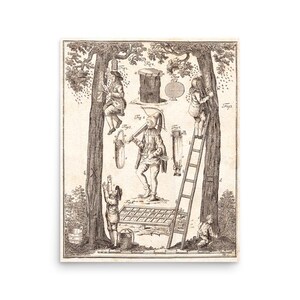May include: An antique print depicting a beekeeping scene with figures climbing trees, using ladders, and tending to a beehive. The black and white illustration shows various tools and equipment used in beekeeping.