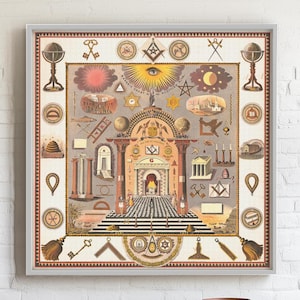 May include: Framed vintage print featuring Masonic symbols and architectural elements. The artwork includes keys, globes, and geometric shapes, with a central building design. The color palette is muted, with beige, brown, and red accents.