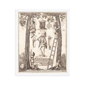 May include: Black and white vintage print depicting beekeepers harvesting honey. The print shows several figures interacting with trees, ladders, and various beekeeping tools. The artwork is framed in a white border.